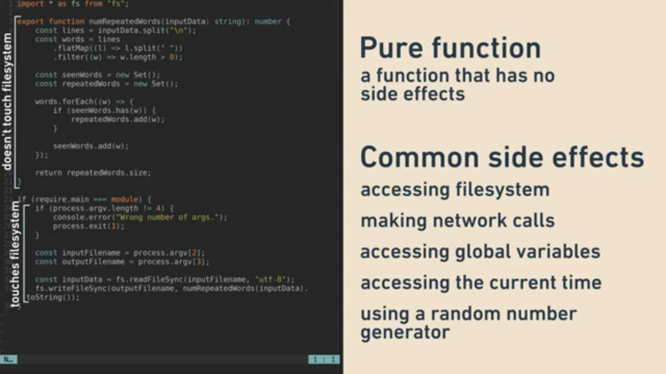 Code on the left, slide on the right